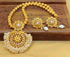 Gold Plated Handmade Floral Pearl Stone Necklace Set T2624