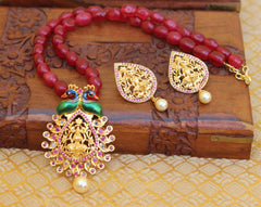 Gold Plated Temple Peacock Handmade Beads Necklace Set T2712
