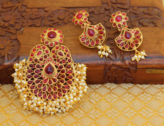 Gold Plated Pearl Kempu Stone Pendant Set T2809