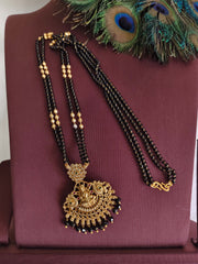Temple Lakshmi Gold Plated Long Black Beads Necklace T3153
