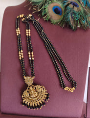 Temple Lakshmi Gold Plated Long Black Beads Necklace T3153