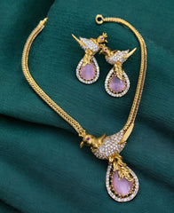 Matte Finish CZ Stone Peacock Necklace Set T2937