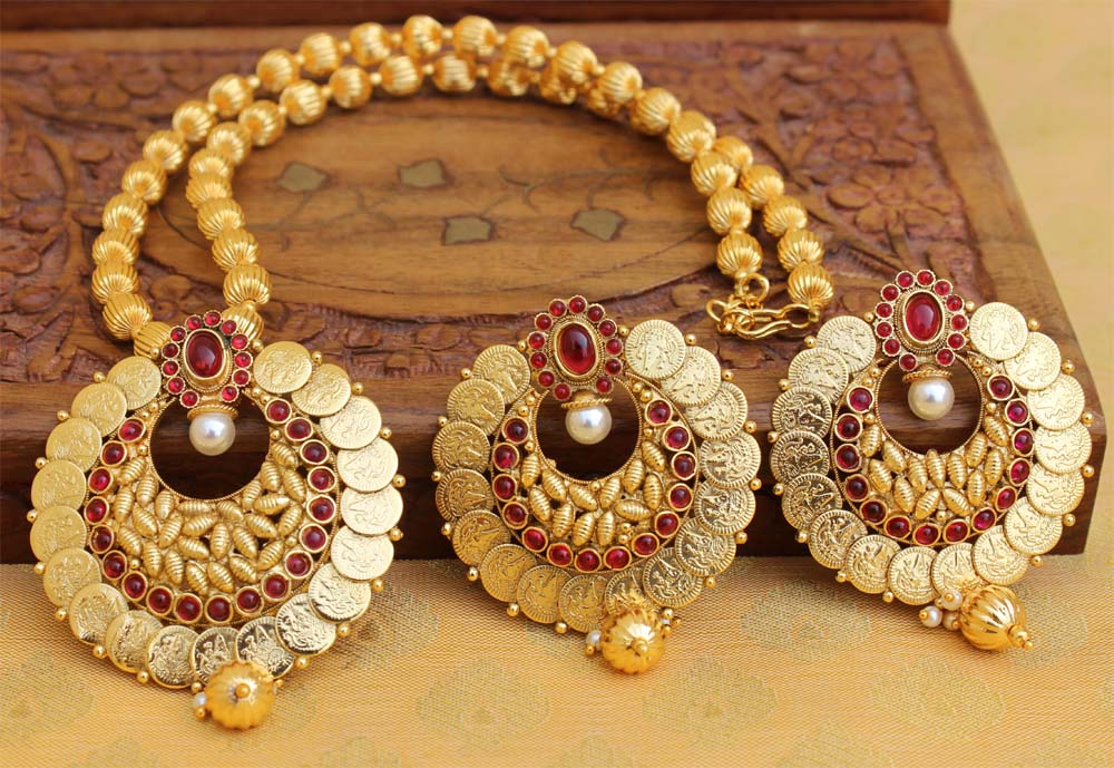 Gold Plated Kasu Handmade Pendant Necklace Set T2694