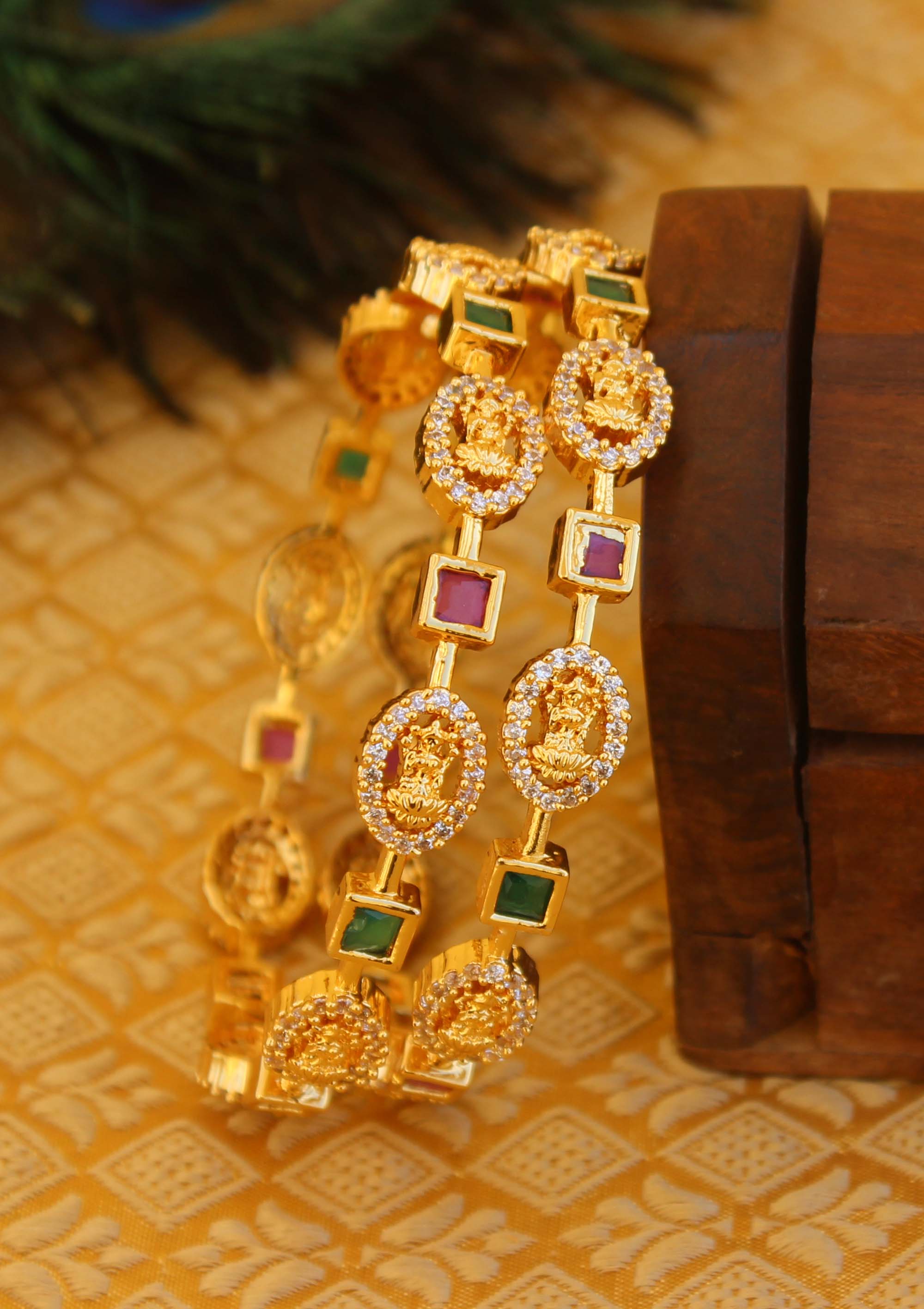 Gold Plated  CZ Stone Temple Lakshmi Bangles T3042