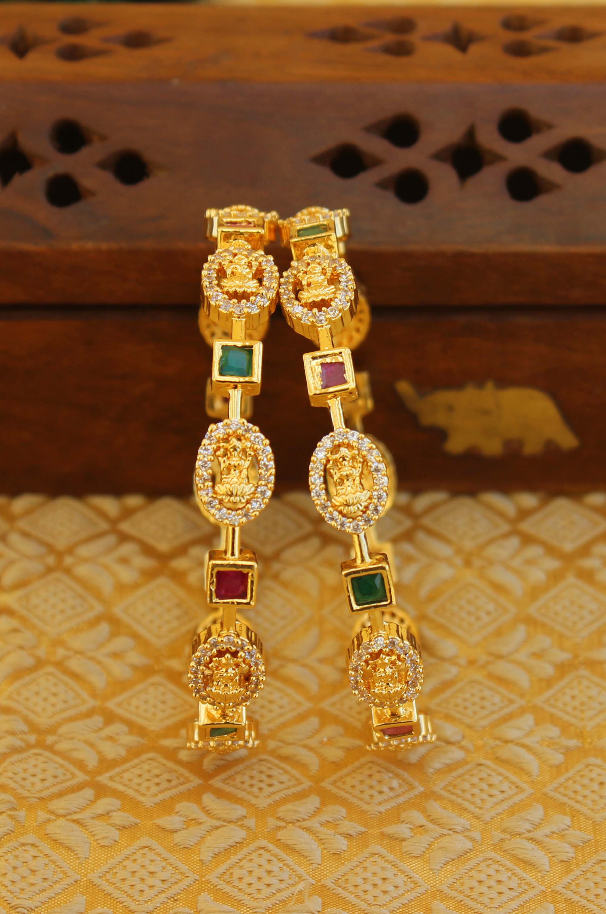 Gold Plated  CZ Stone Temple Lakshmi Bangles T3057