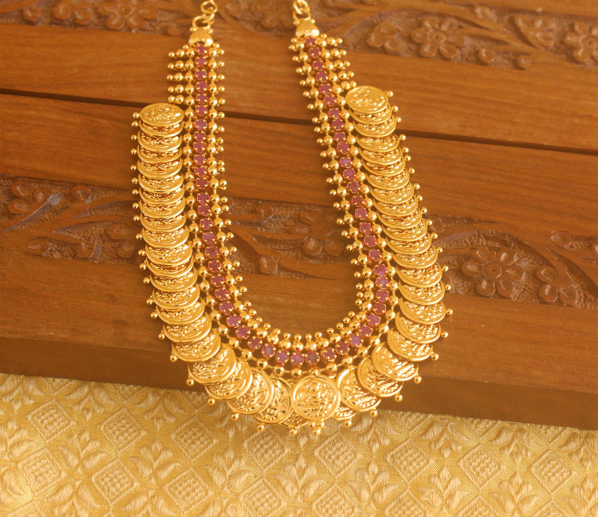 Designer Gold plated Ruby Temple coin necklace Tanvi49