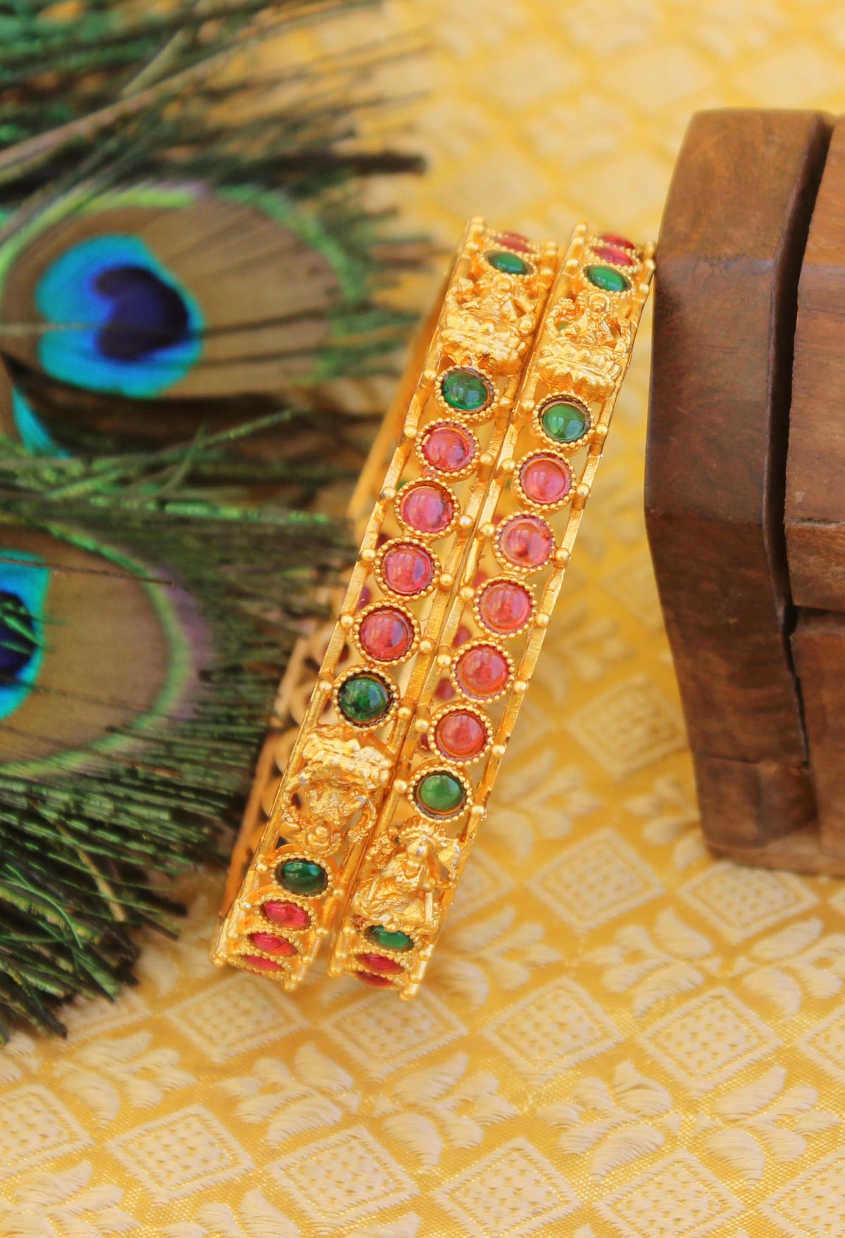 Matte Finish Temple Lakshmi Kempu Stone Bangles T3001