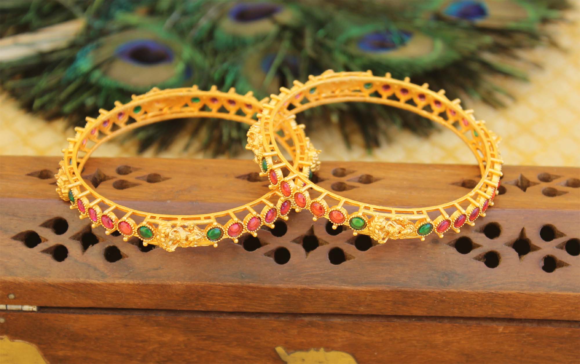 Matte Finish Temple Lakshmi Kempu Stone Bangles T3001