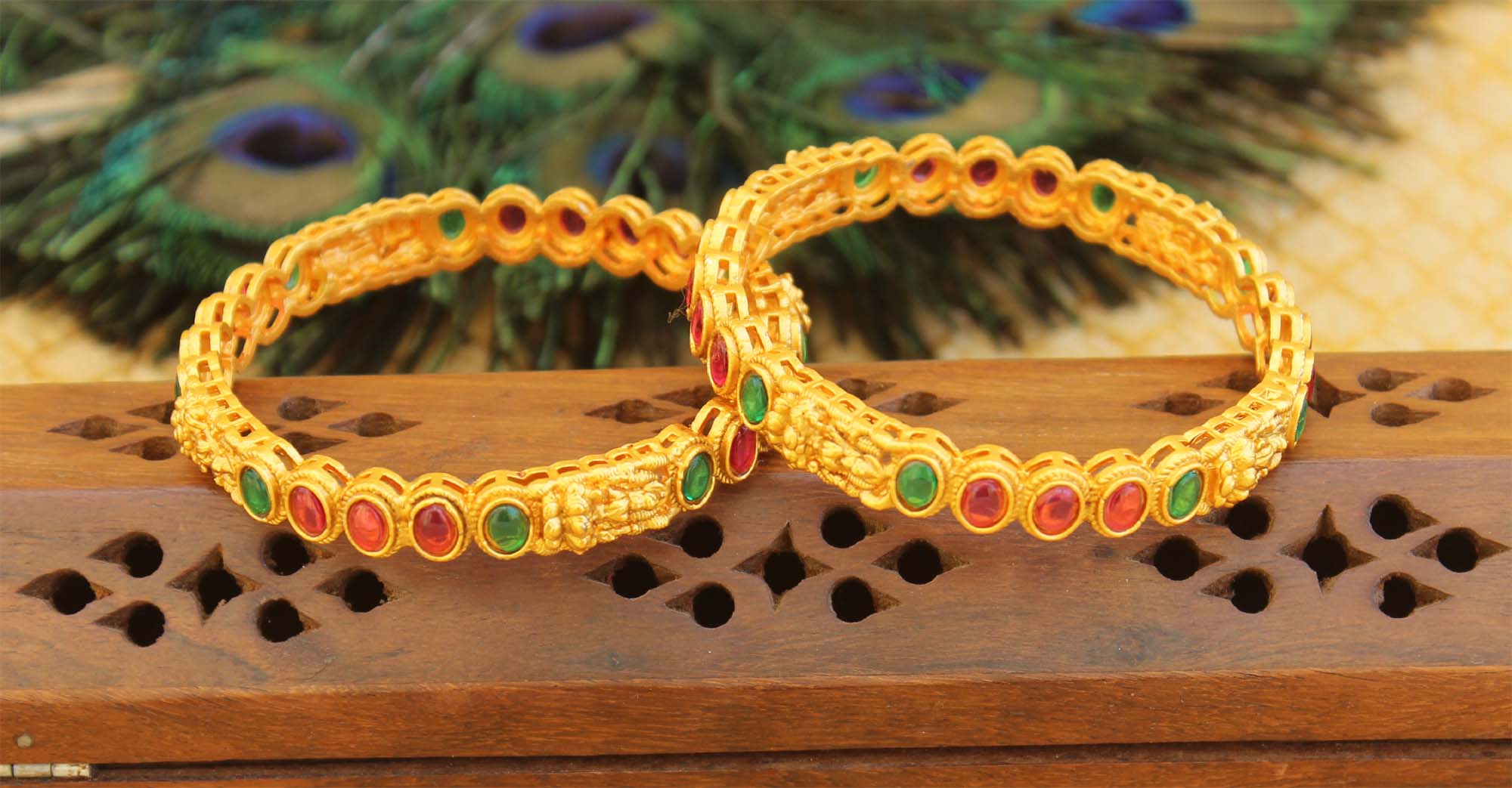 Matte Finish Kempu Stone Temple Bangles T3003