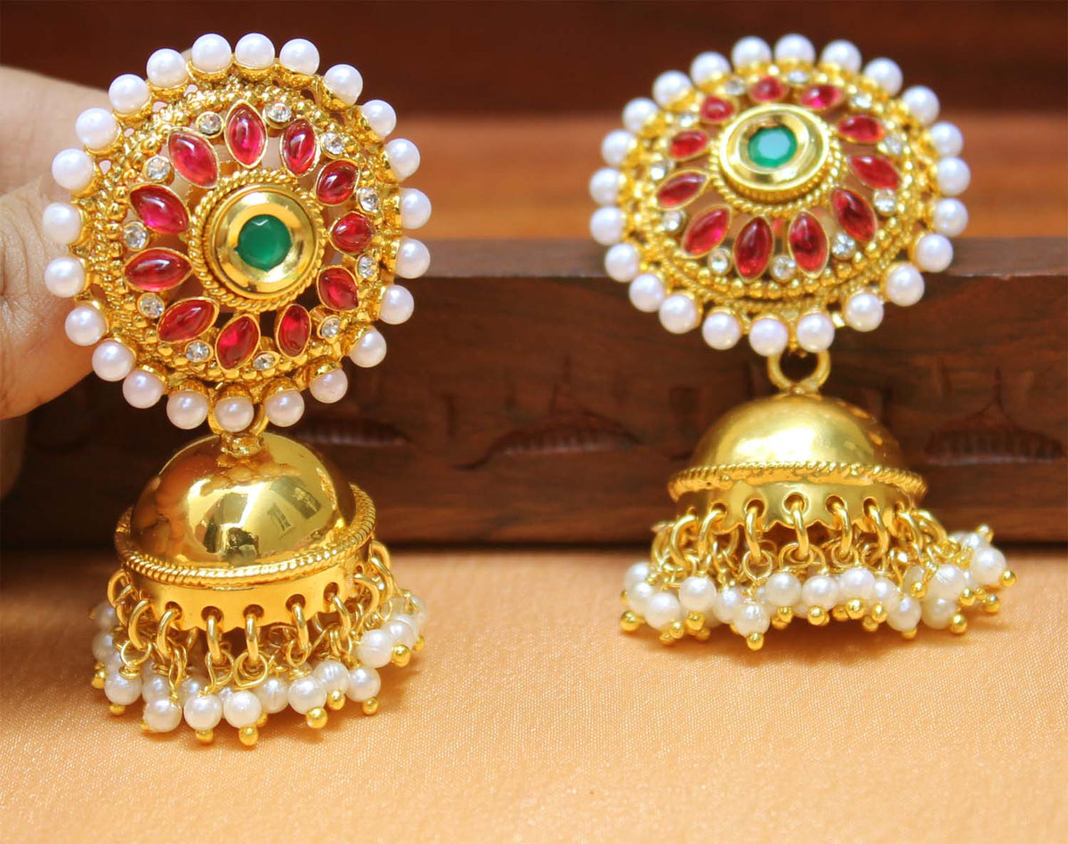 Gold Plated Pearl Stone Jhumka Earrings T2552