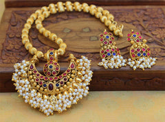 Gold Plated Handmade Temple Stone Necklace Set T2597