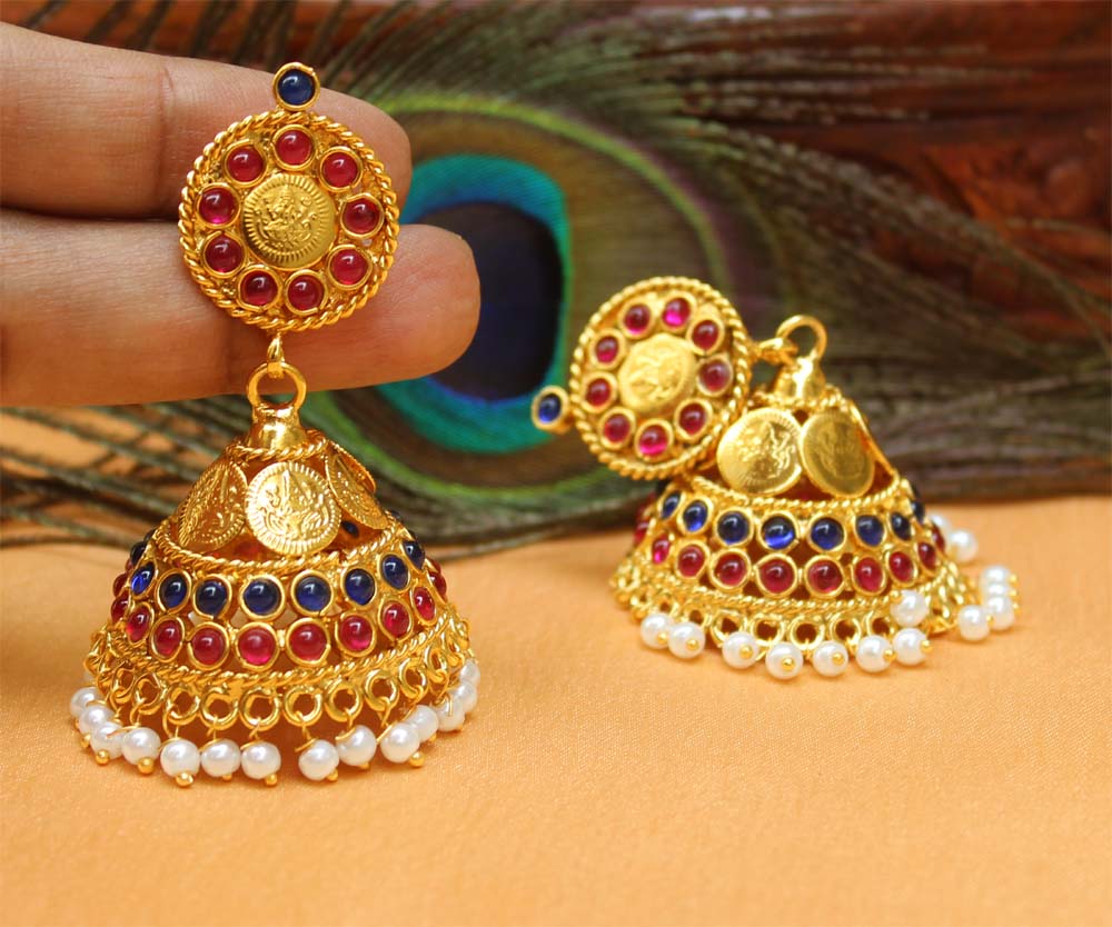 Gold Plated Temple Kasu Jhumka Earrings T2523
