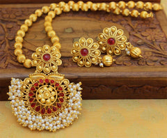 Gold Plated Handmade Floral Pearl Stone Necklace Set T2623