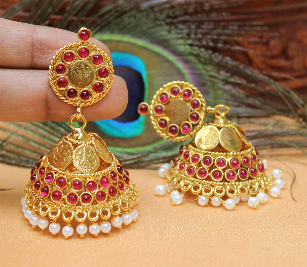 Gold Plated Temple Kasu Jhumka Earrings T2525