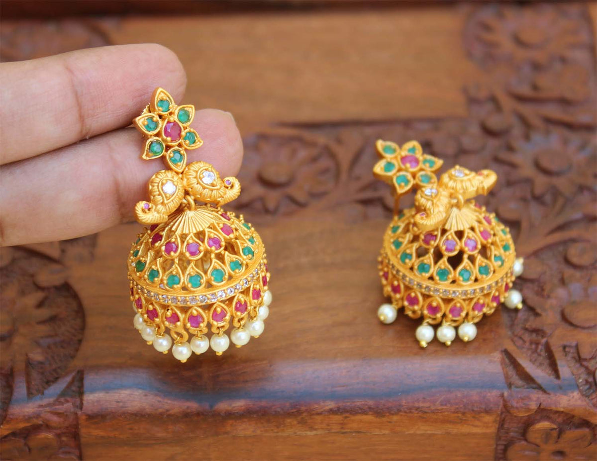 Matte Finish Mango Stone Jhumka Earrings T2781