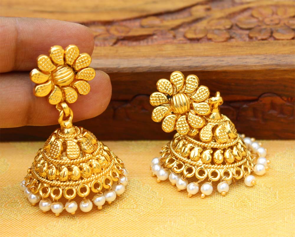 Gold Plated Floral Style Jhumka Earrings T2577