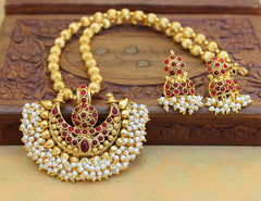 Gold Plated Handmade Temple Stone Necklace Set T2602