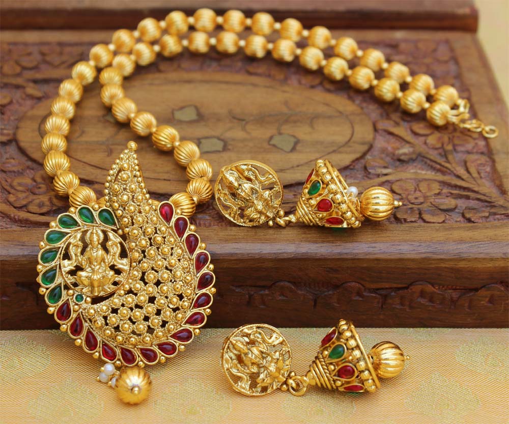 Gold Plated Temple Handmade Stone Necklace Set T2669