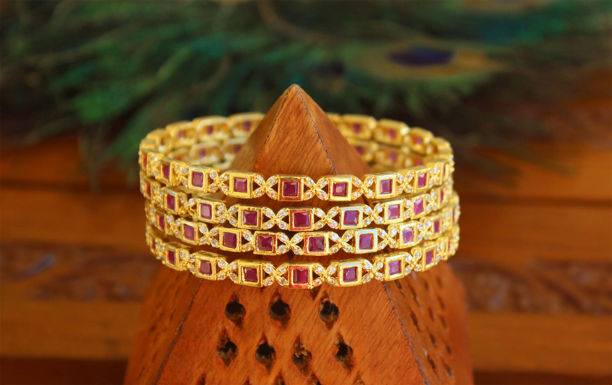 Gold Plated Ruby CZ Stone Bangles T2936