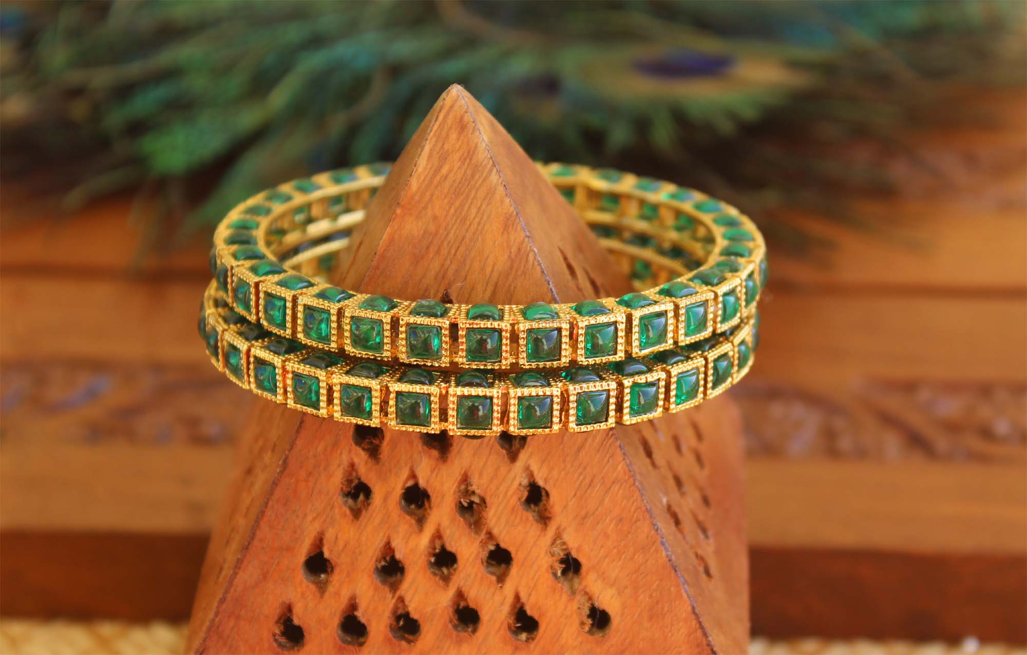 Gold Plated Green Stone Bangles T2947