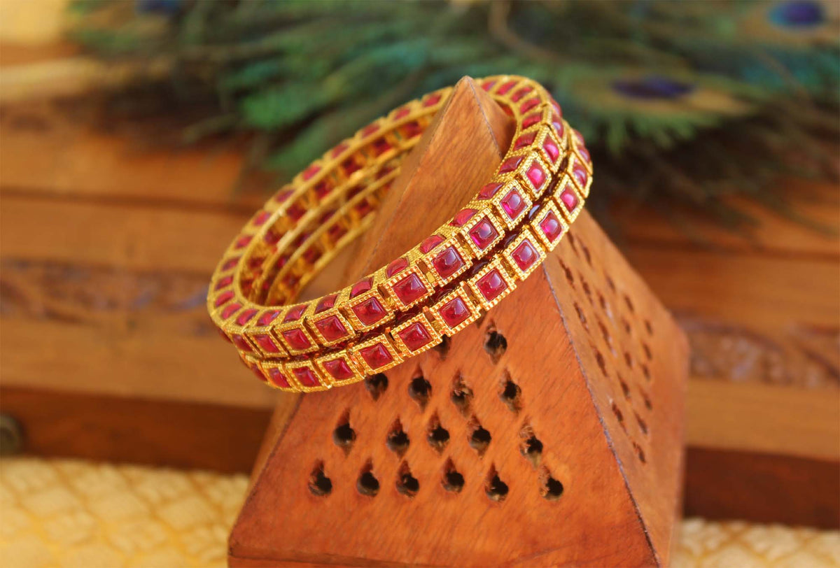 Gold Plated Red Stone Bangles T2953
