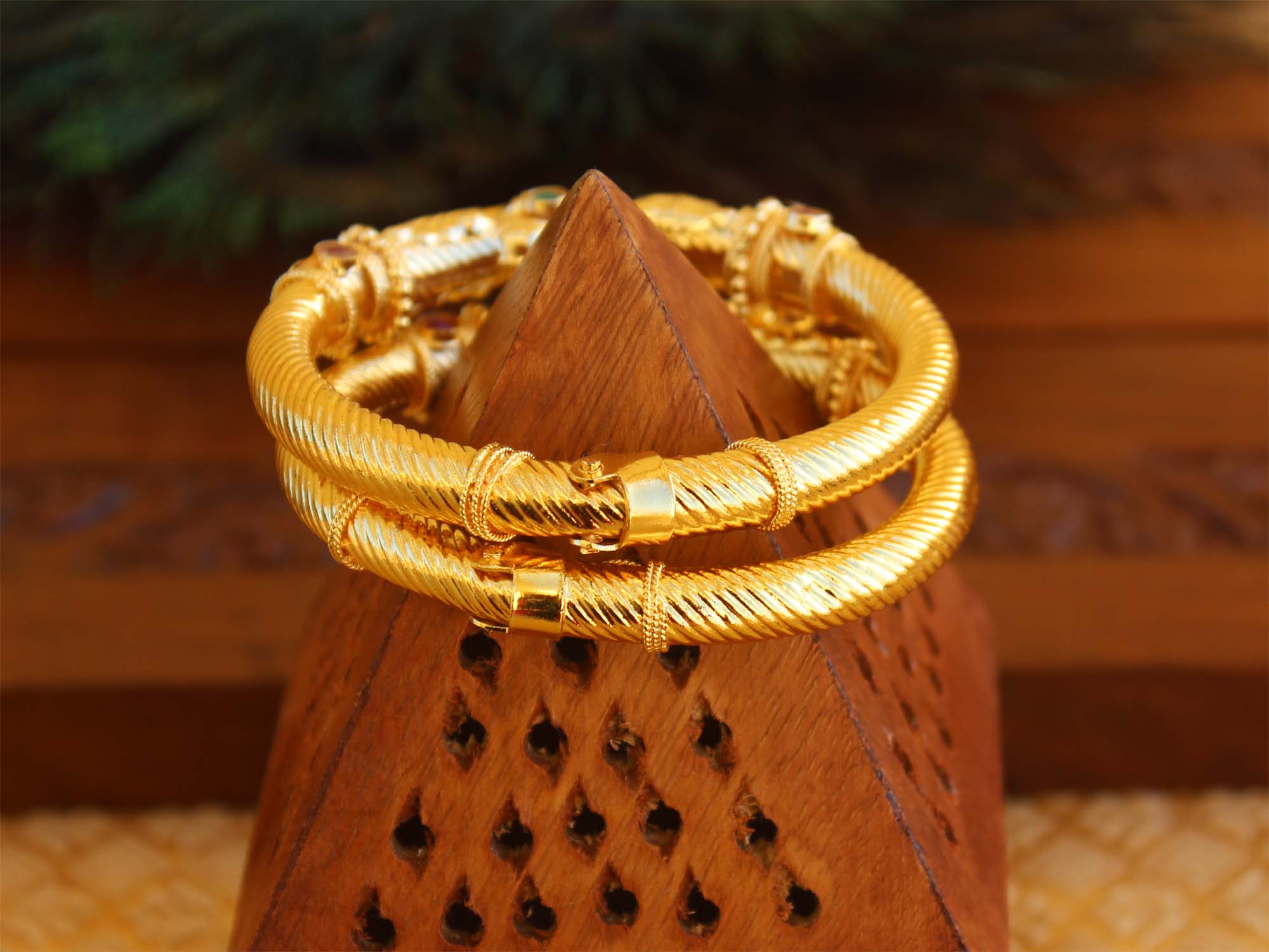 Gold Plated Peacock Multi Color Stone Kada Bangles T3117