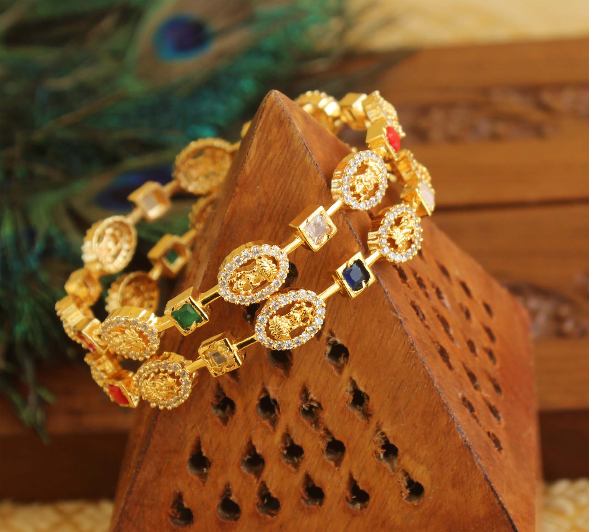 Gold Plated Temple Navaratna Stone Bangles T3040