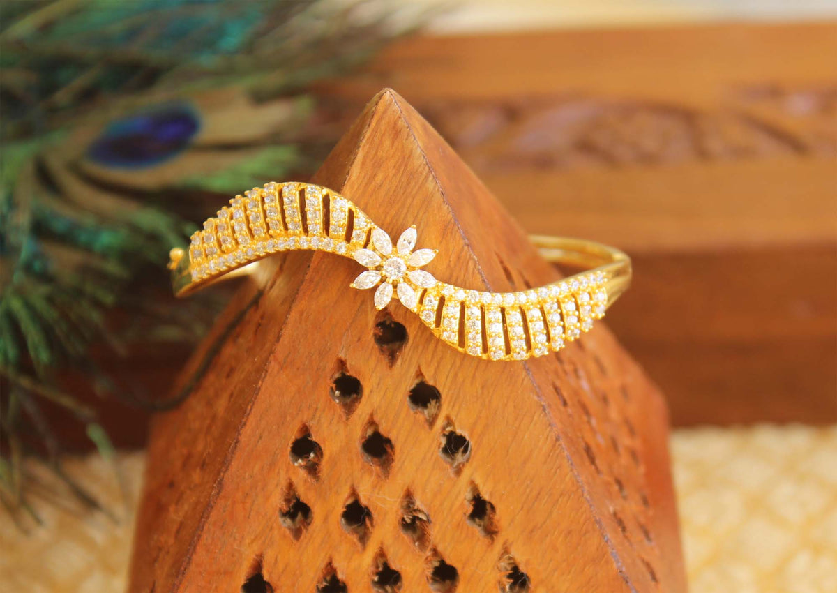 Gold Plated CZ Stone Floral Kada T3104