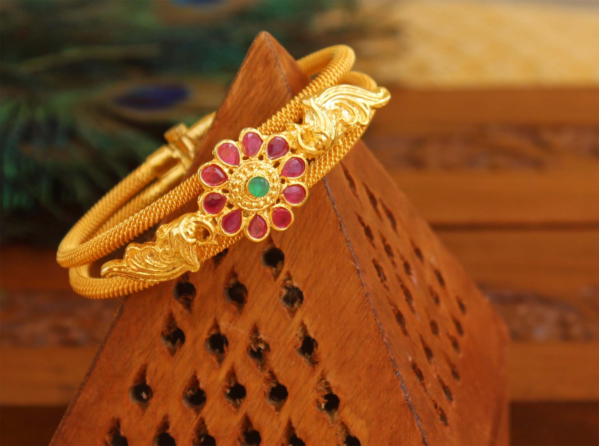 Gold Plated Floral Peacock Stone Kada T3080