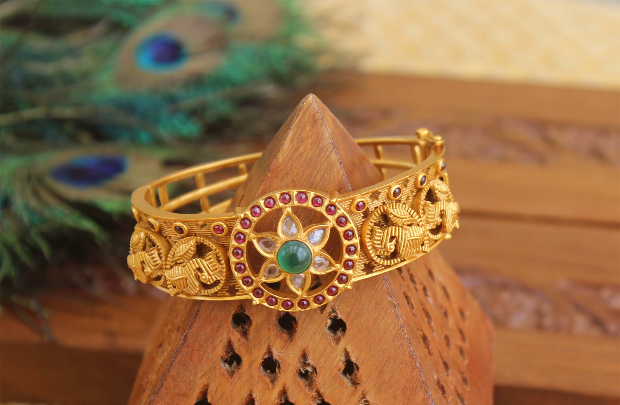 Antique Gold Plated Peacock Multi Color Stone Kada T3099