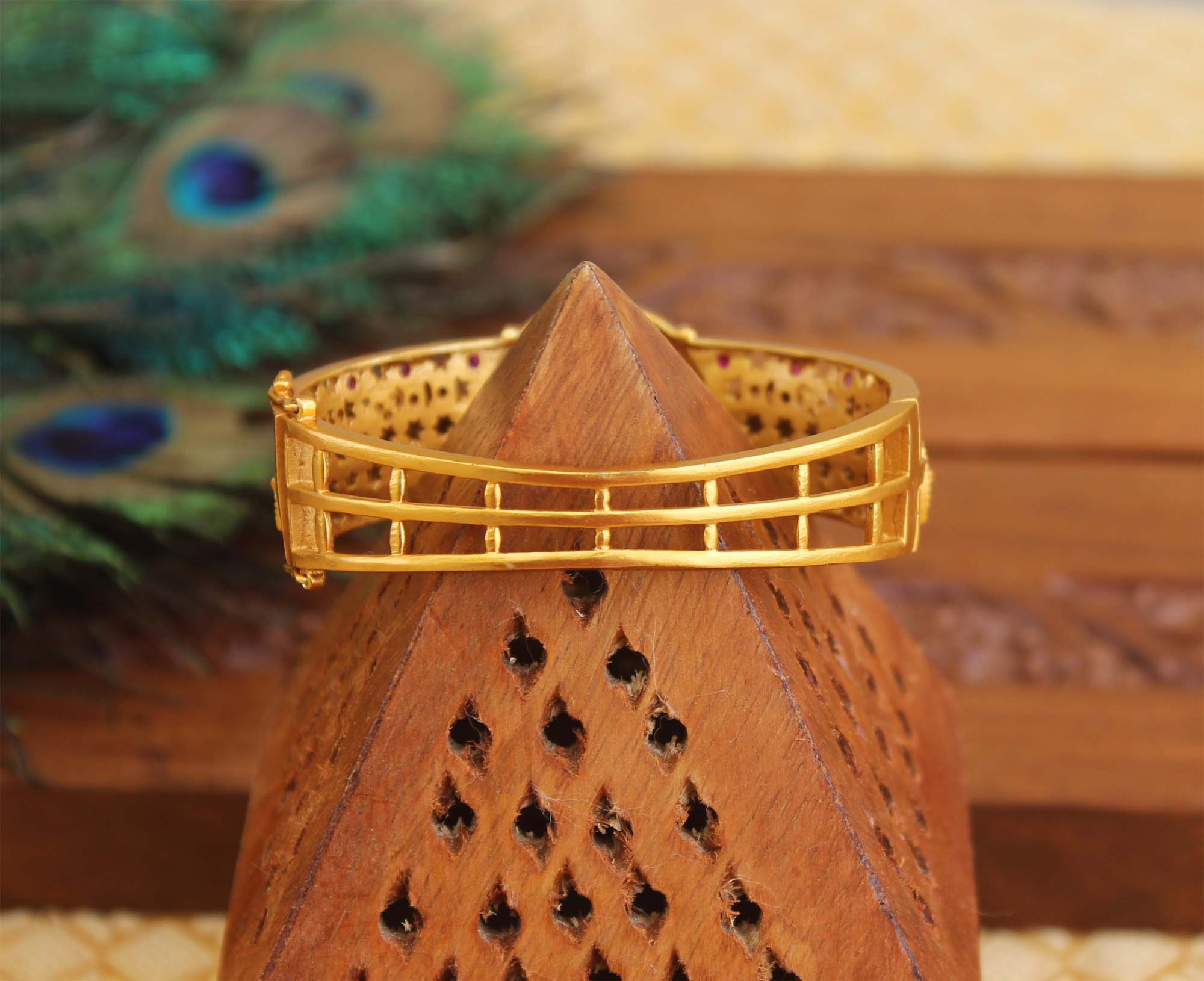 Antique Gold Plated Peacock Multi Color Stone Kada T3099