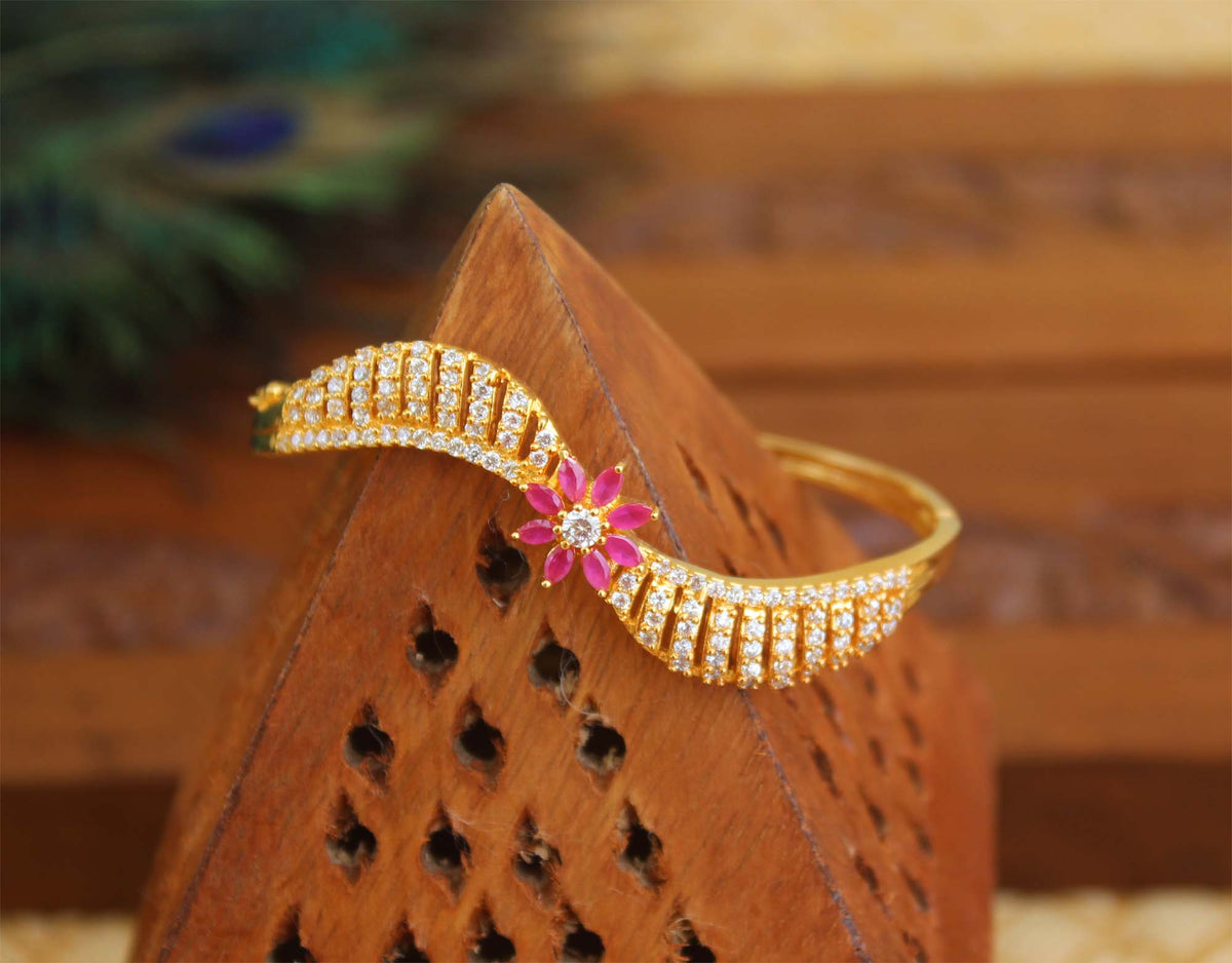 Gold Plated CZ Stone Floral Kada T3105