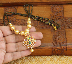 Gold Plated Peacock Stone Long Black Beads Necklace T2357