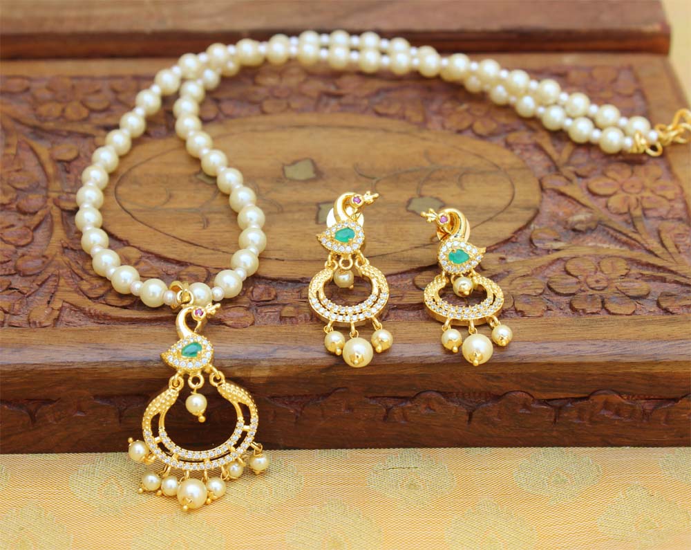 CZ Stone Handmade Peacock Pearl Necklace Set T2716