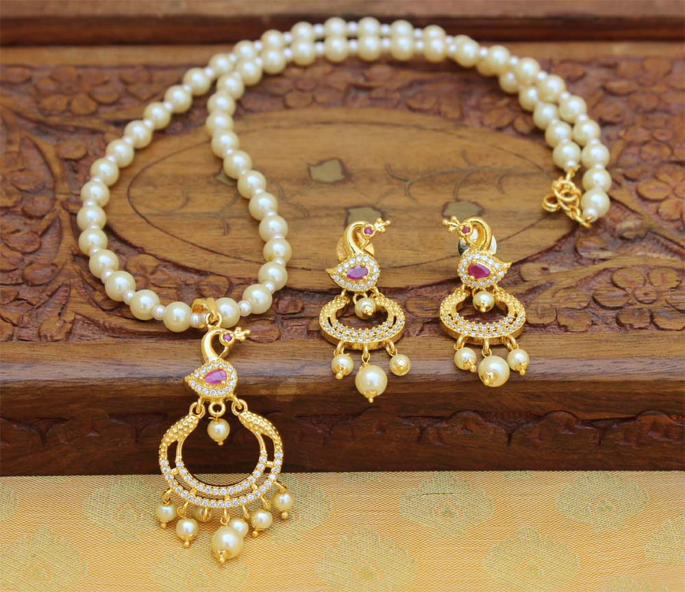 CZ Stone Handmade Peacock Pearl Necklace Set T2717