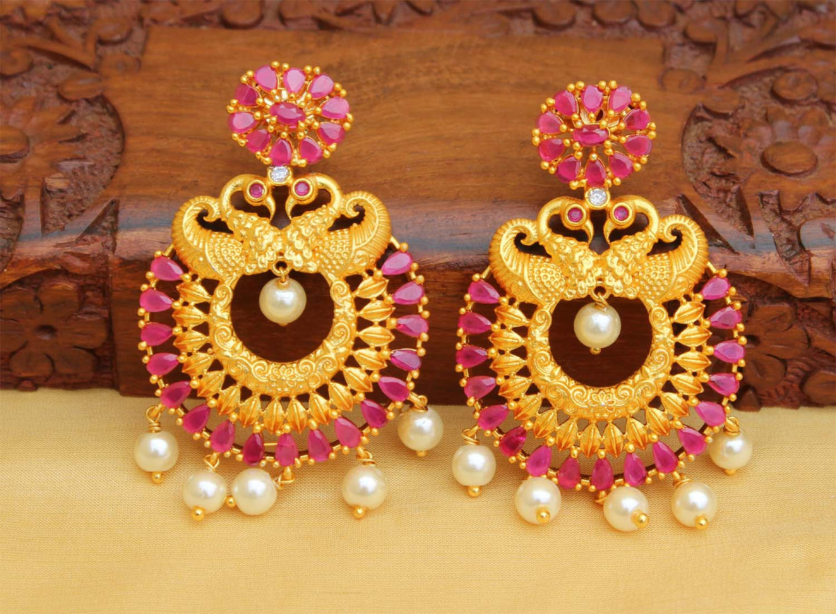Matte Finish Peacock Pink Stone Earrings T2483