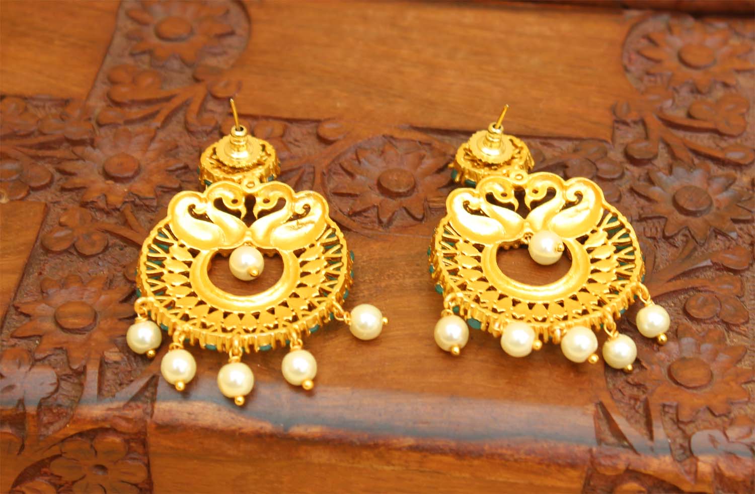 Matte Finish Peacock Green Stone Earrings T2485