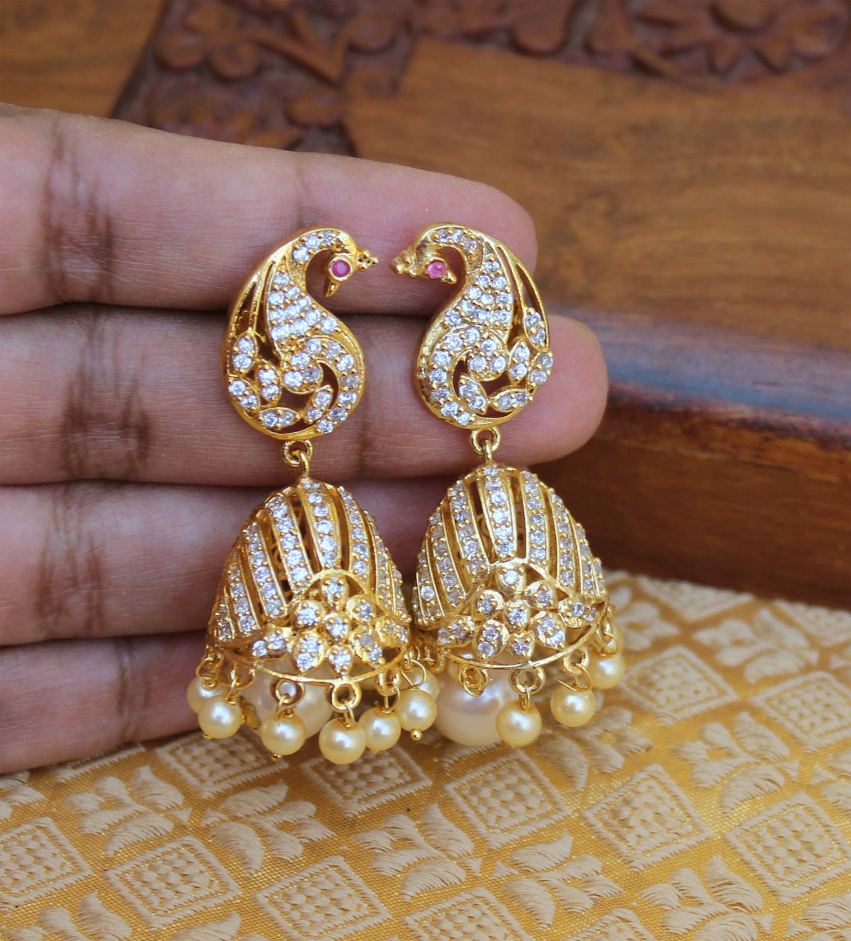 Gold Plated CZ Stone Peacock Jhumka Earrings T2790