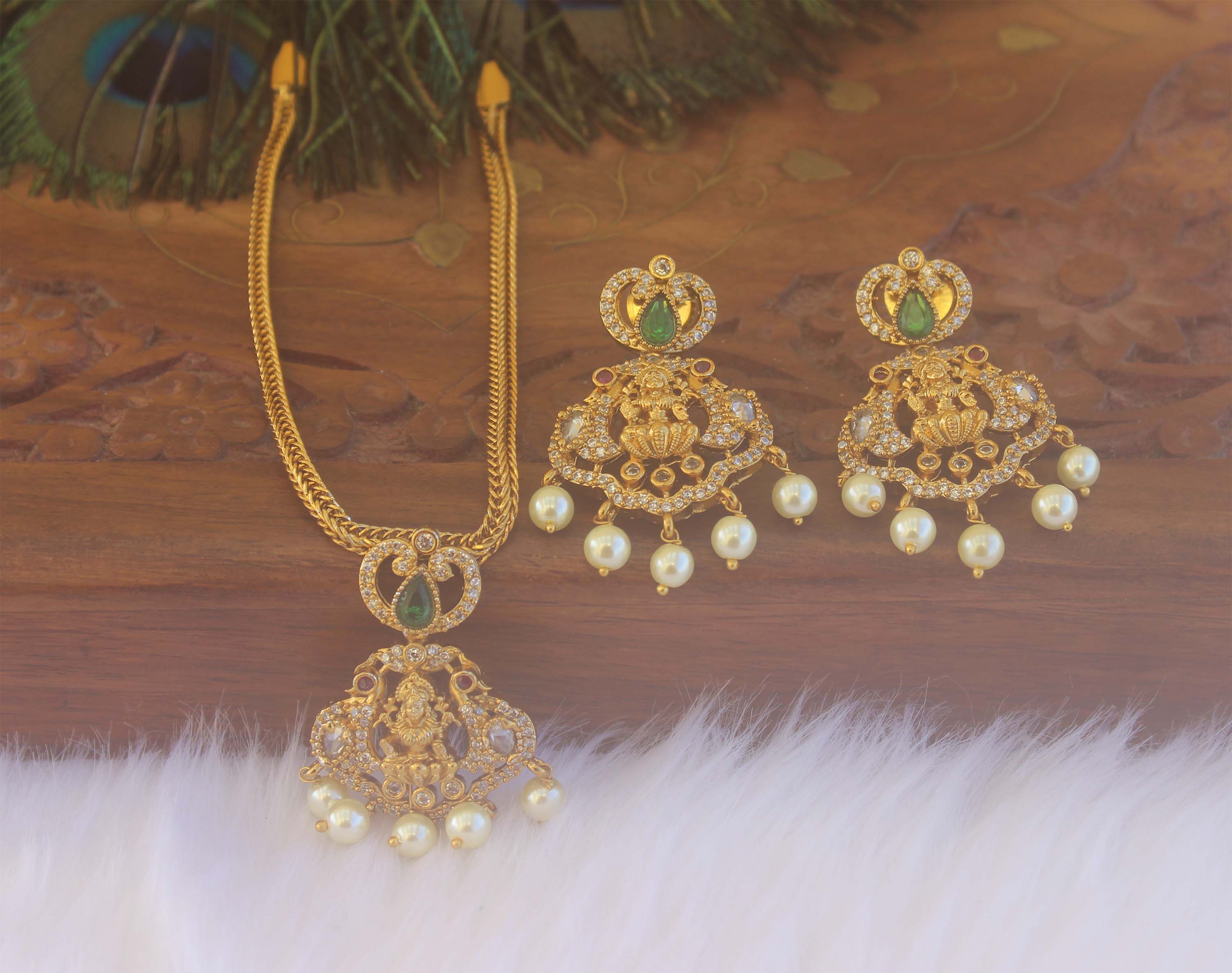 CZ Stone Temple Pearl Necklace Set T2228