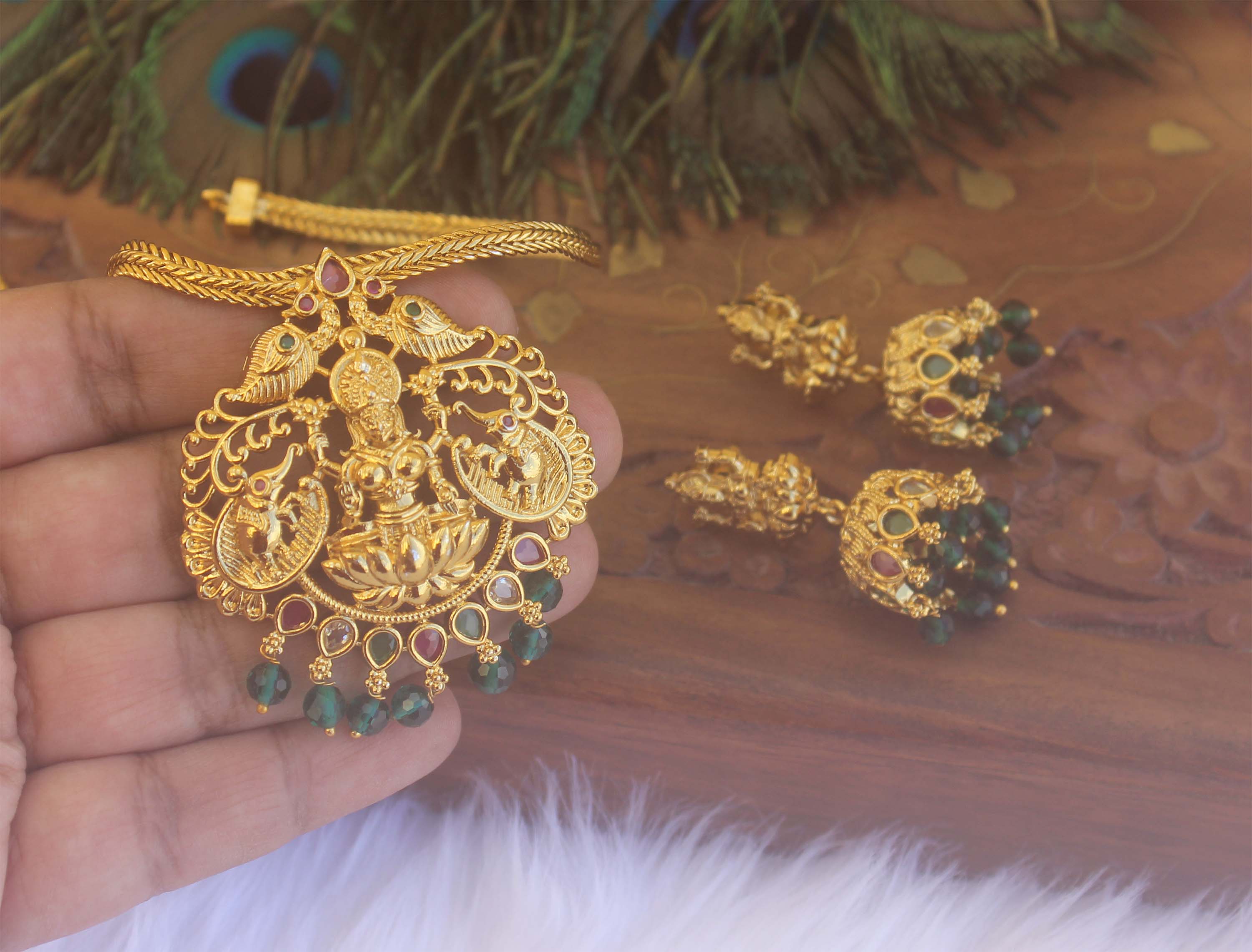 Gold Plated Temple Peacock Necklace Set T2234