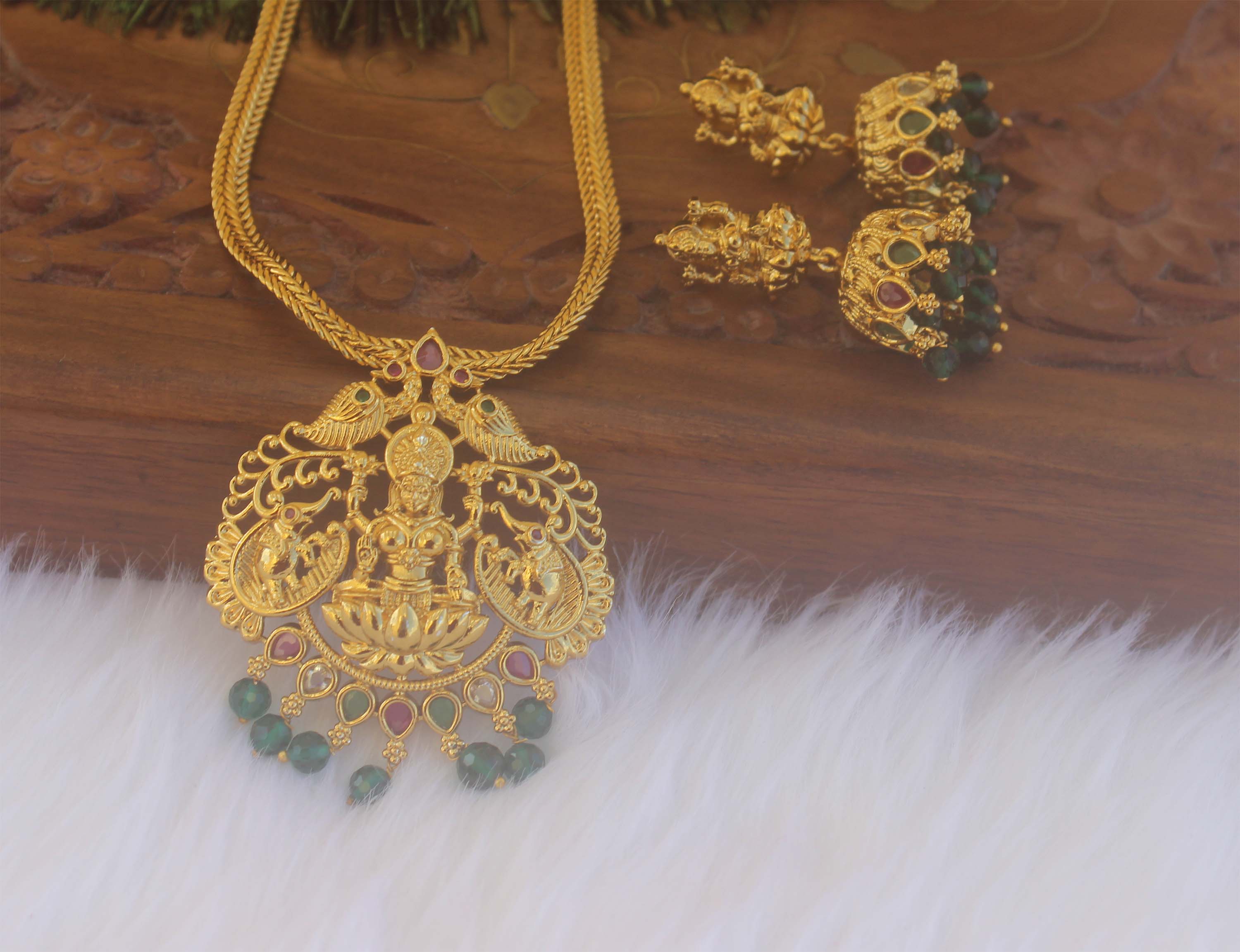 Gold Plated Temple Peacock Necklace Set T2234