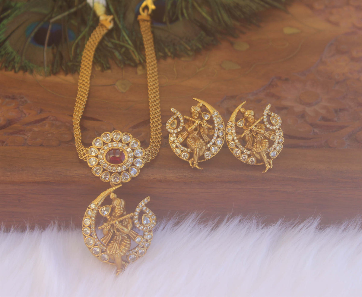 Premium Matte Finish Temple Krishna Necklace Set T2231