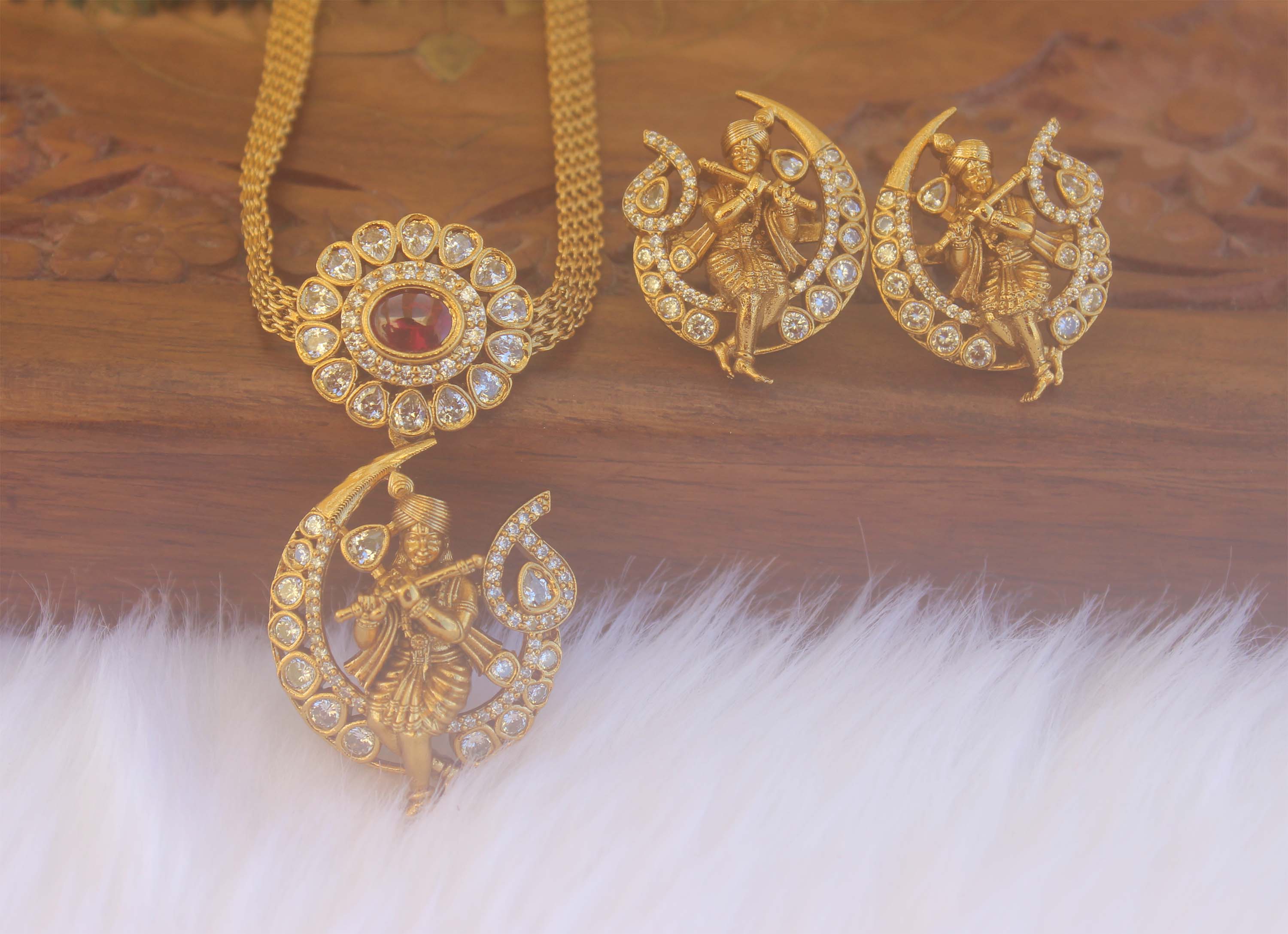 Premium Matte Finish Temple Krishna Necklace Set T2231