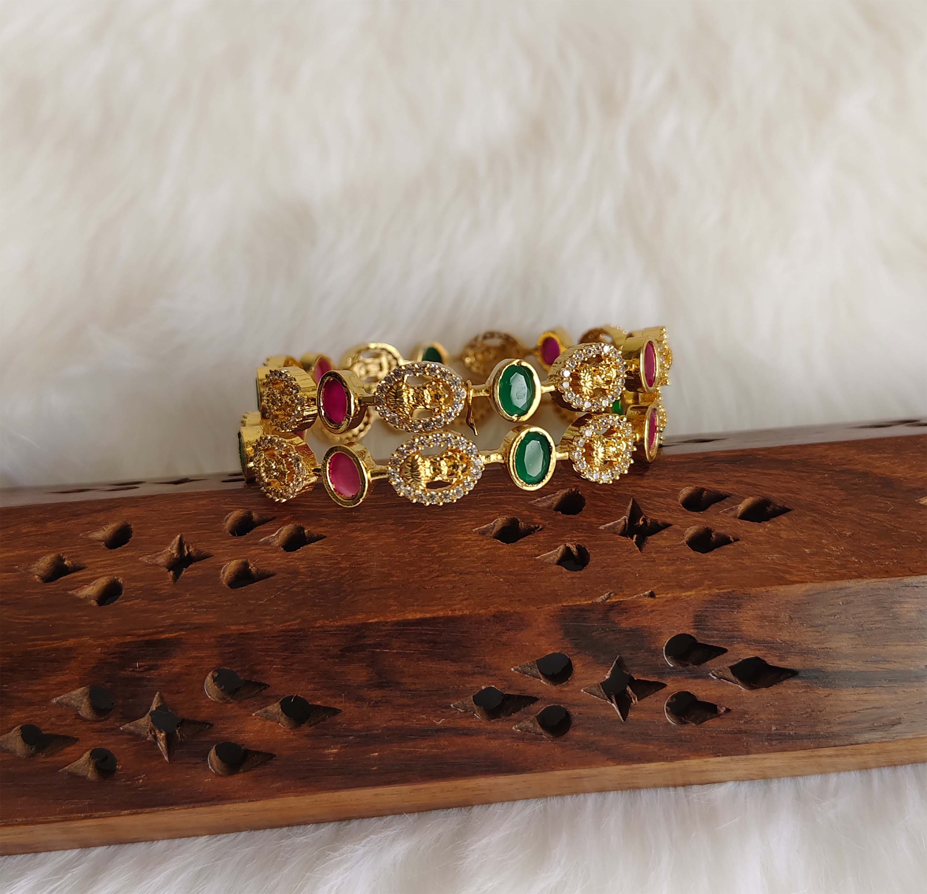 Gold Plated CZ Stone Temple Lakshmi Bangles T3128