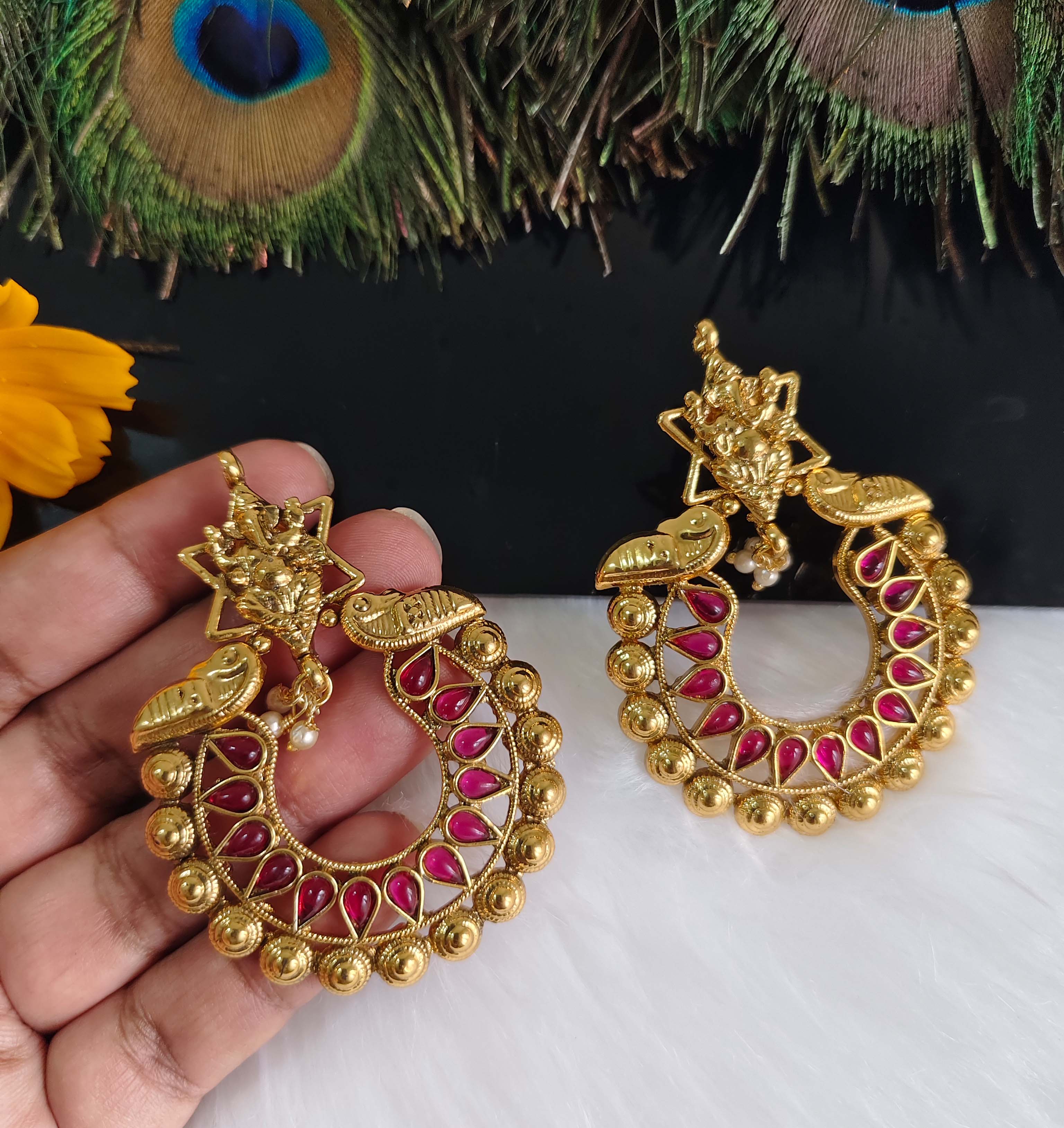 Temple Gold Plated Peacock Ganesh Earrings T2845