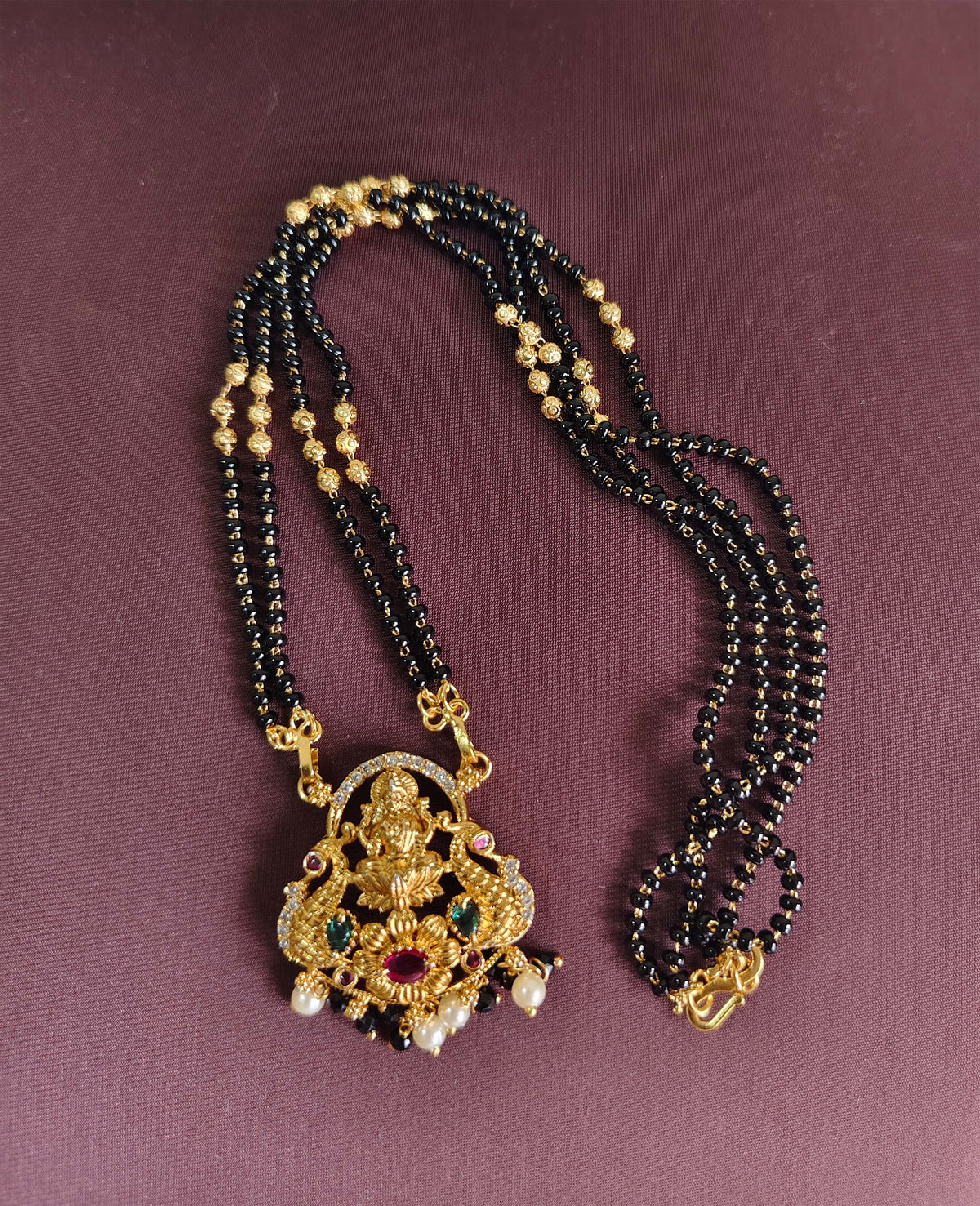 Gold Plated Peacock Temple Stone Black Beads Necklace T3137