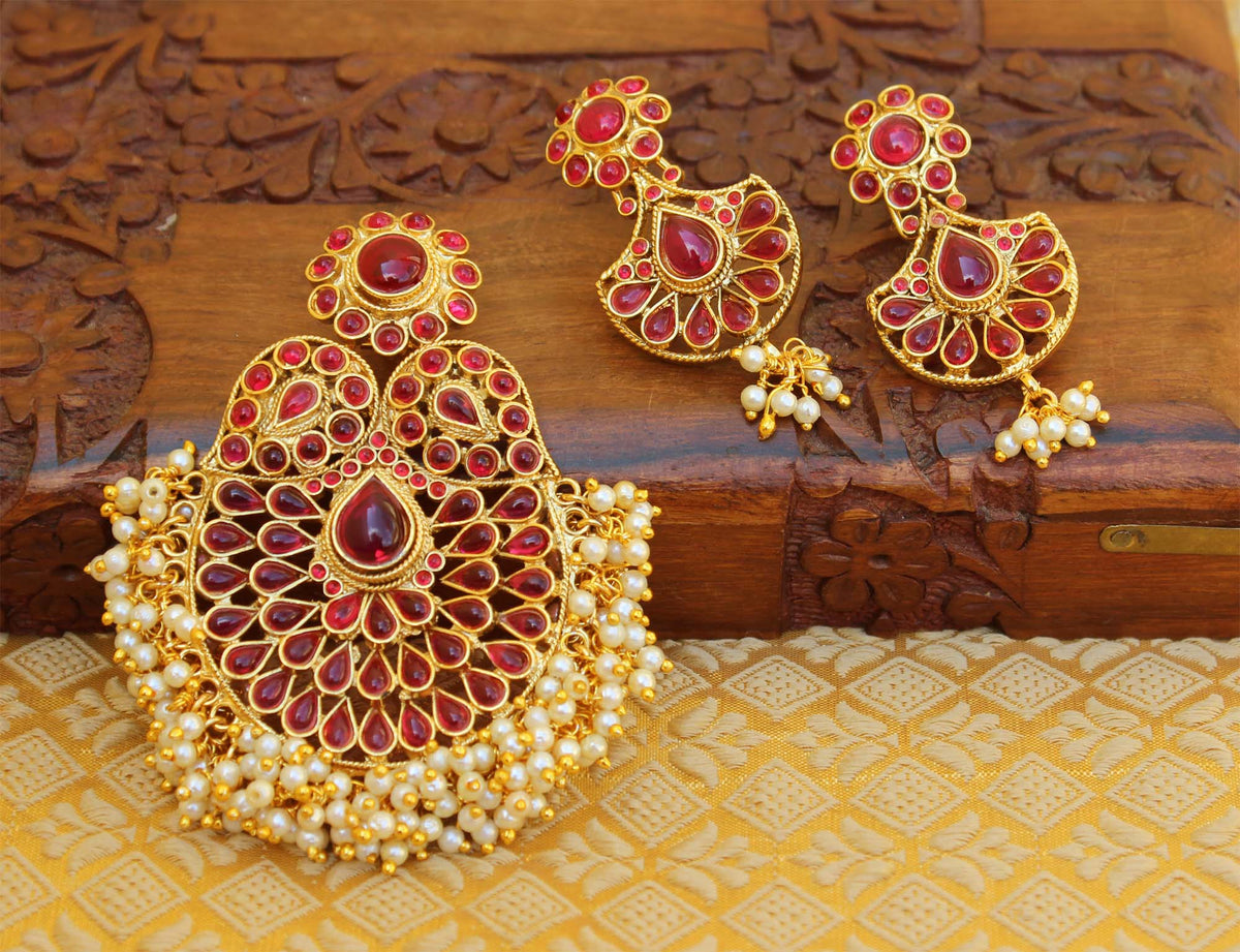 Gold Plated Pearl Kempu Stone Pendant Set T2809