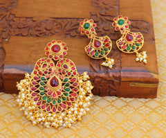 Gold Plated Pearl Kempu Stone Pendant Set T2810
