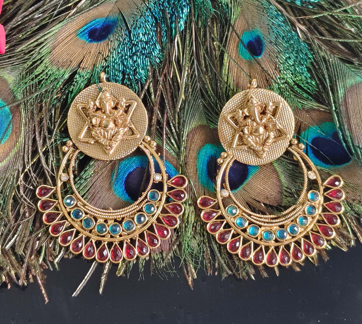 Gold Plated Temple Ganesh Stone Earrings T2847