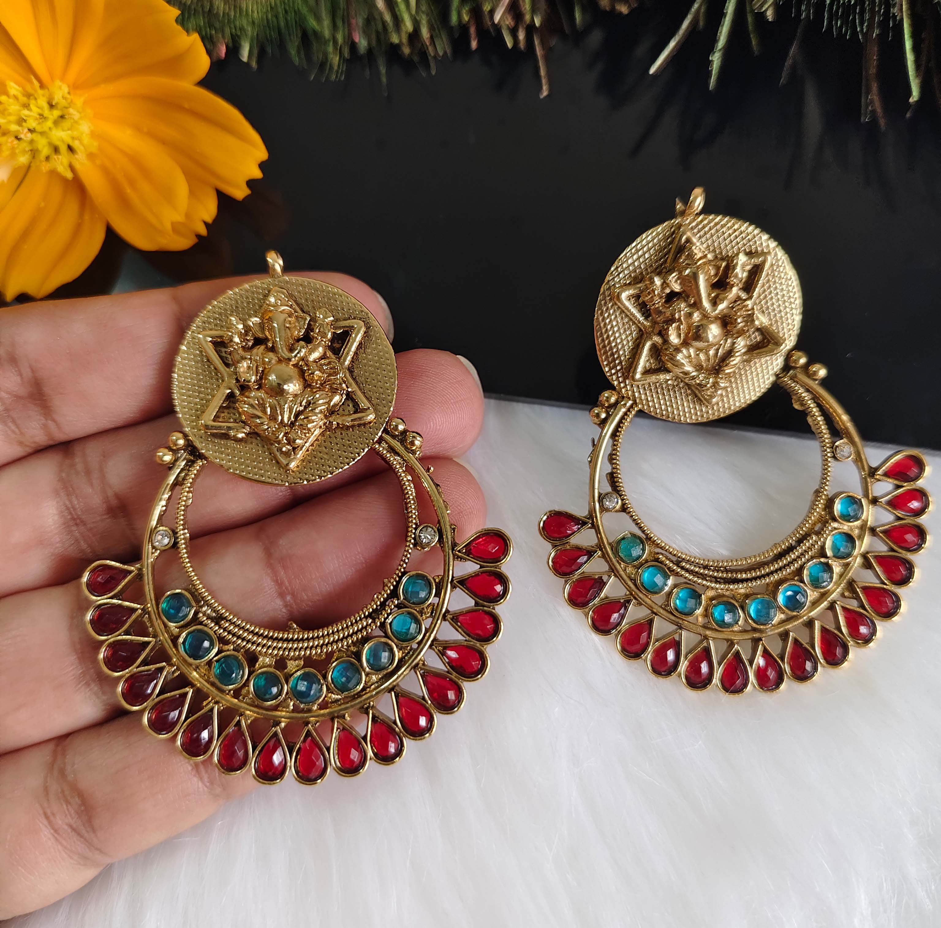 Gold Plated Temple Ganesh Stone Earrings T2847